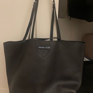 Prada Black Pebbled Leather Tote with Milano Plaque
